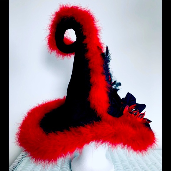 Elf victorian hat Black velvet & ted marabou feather trim Artisan one of - Picture 11 of 16